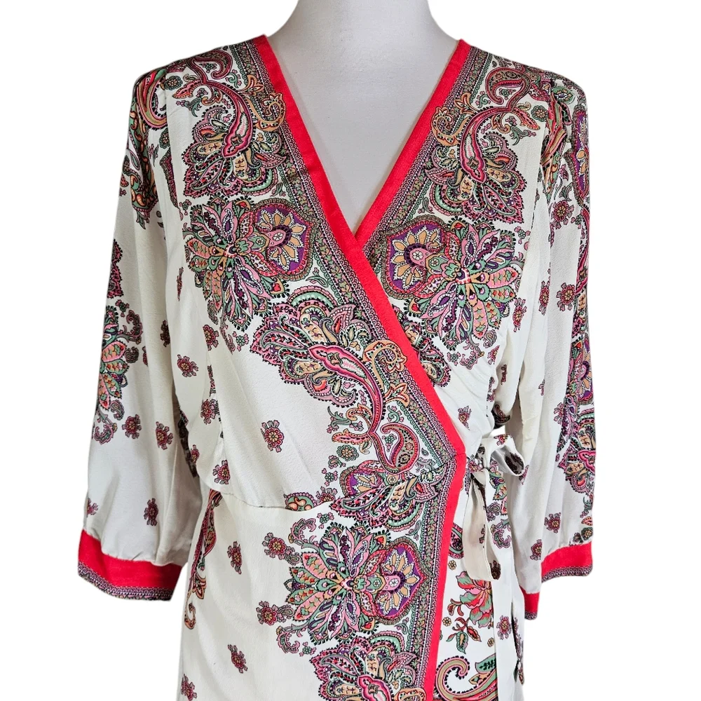 Zara Pink Paisley Floral Print Wrap Mini Dress Sz M Tie Waist Feminine Flirty - Picture 4 of 16